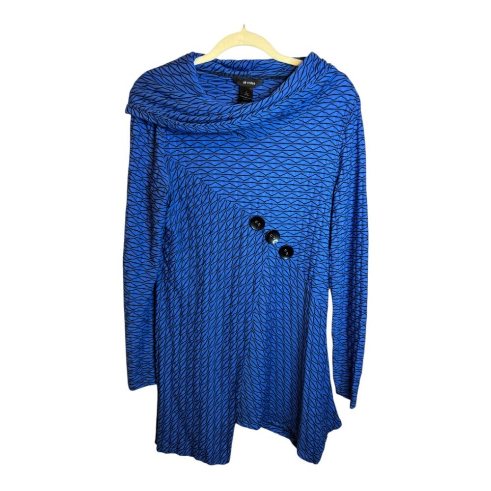 Ali Miles Blouse Women's Size Small‎ Abstract Artsy tunic Cowl Neck Blue Black